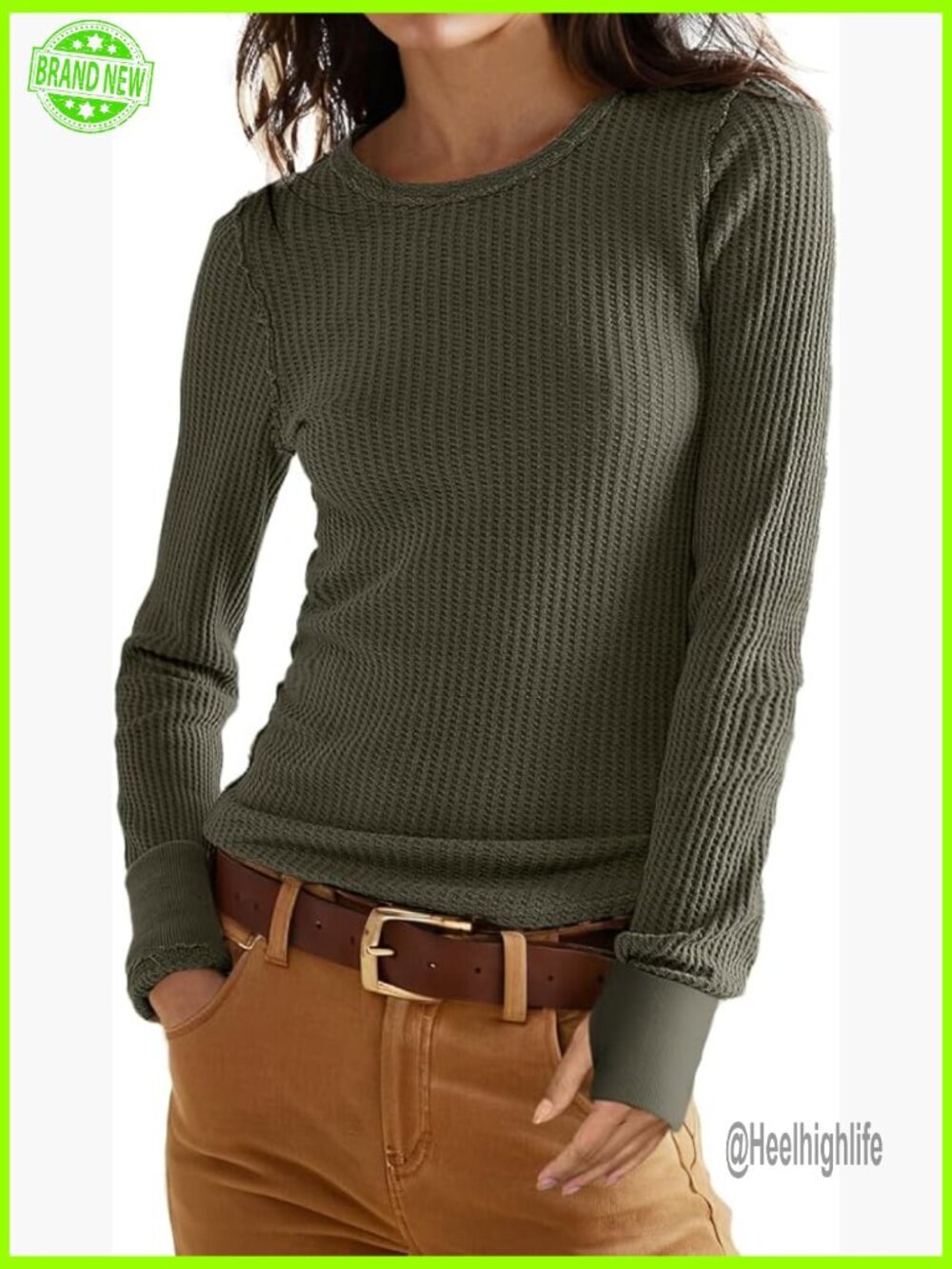 Waffle Knit Long Sleeve Tee Slim Fitted Crew Neck Y2k Top